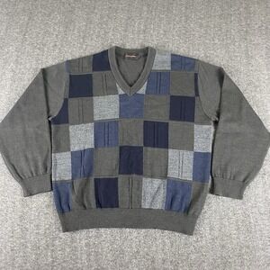 Lindbergh Men's V-Neck Sweater Gray Blue Colorblock Check Pattern Size Large